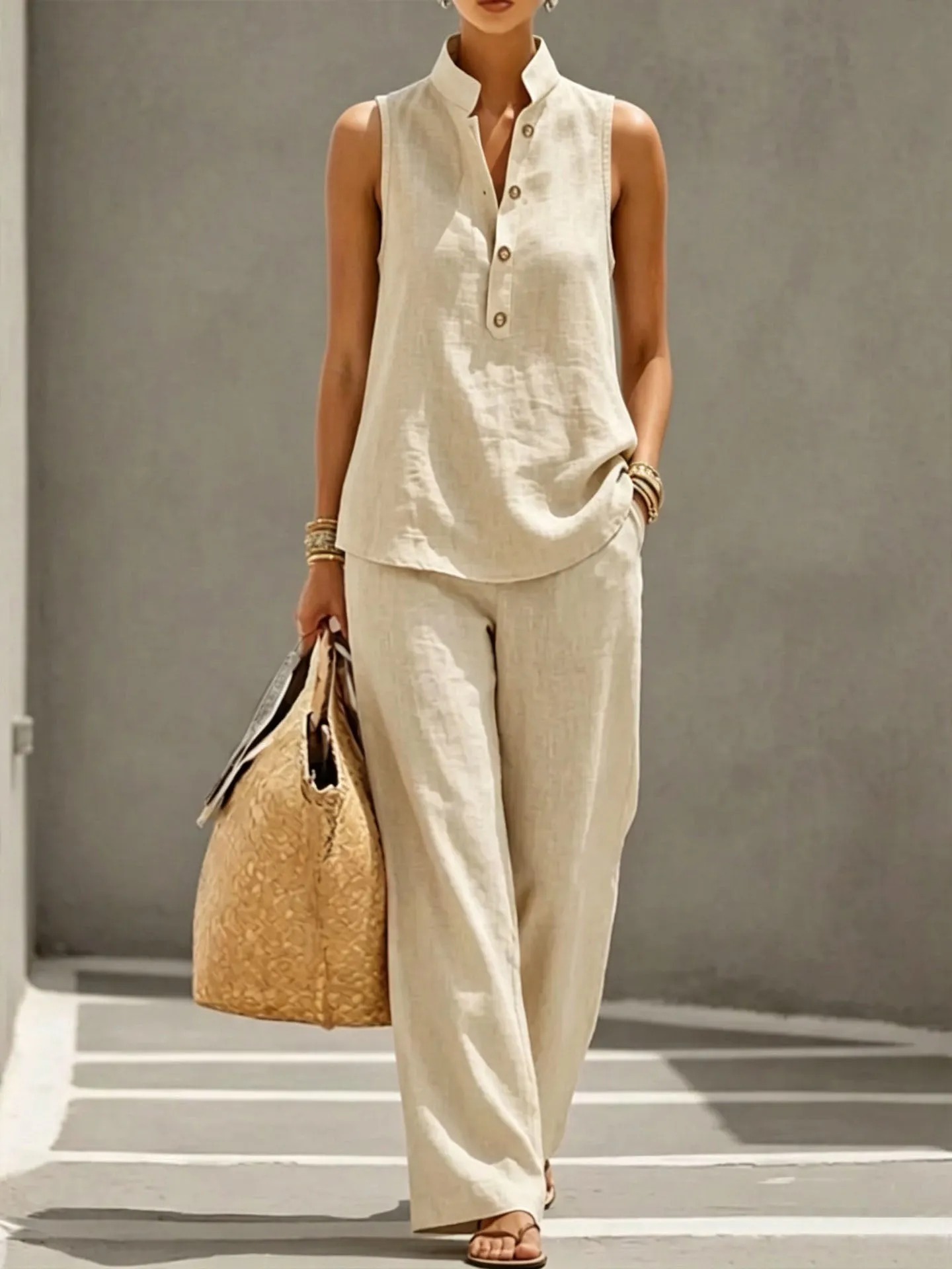 Women's Stand Collar Sleeveless Linen Cotton Top & High-Waist Wide-Leg Pants Set