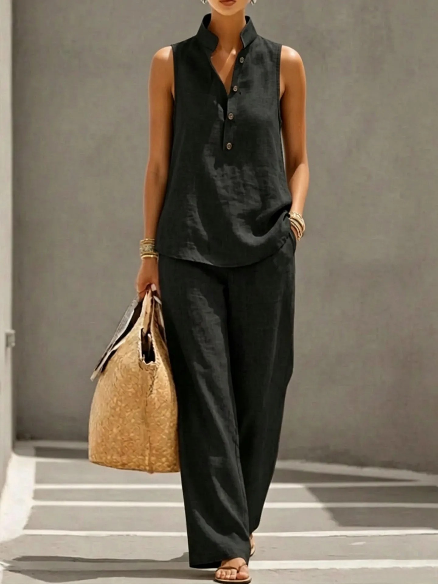 Women's Stand Collar Sleeveless Linen Cotton Top & High-Waist Wide-Leg Pants Set
