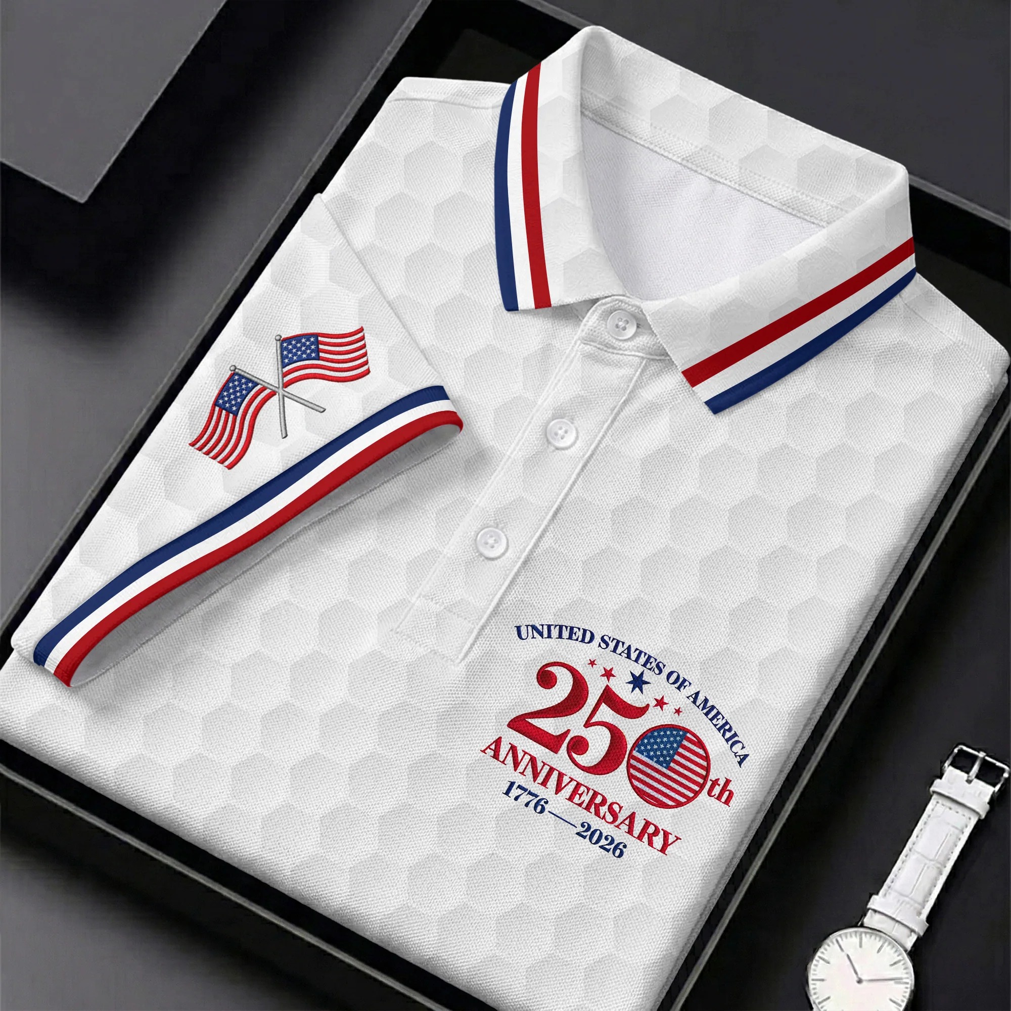 USA 250th Anniversary Golf Ball Pattern White Golf Shirt