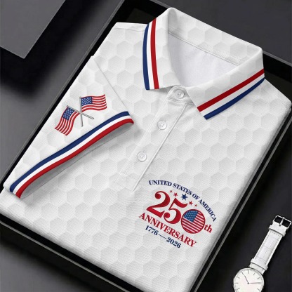 USA 250th Anniversary Golf Ball Pattern White Golf Shirt