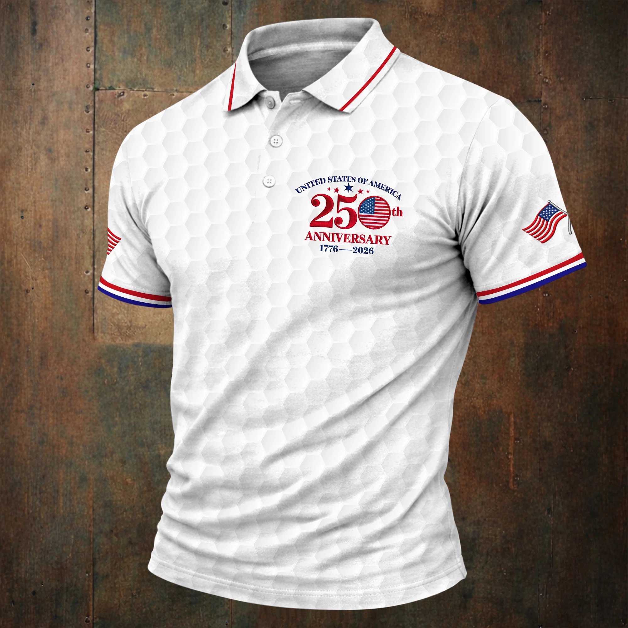 USA 250th Anniversary Golf Ball Pattern White Golf Shirt
