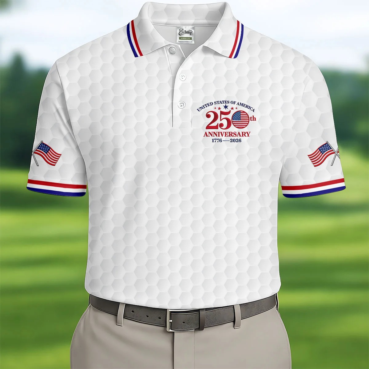 USA 250th Anniversary Golf Ball Pattern White Golf Shirt
