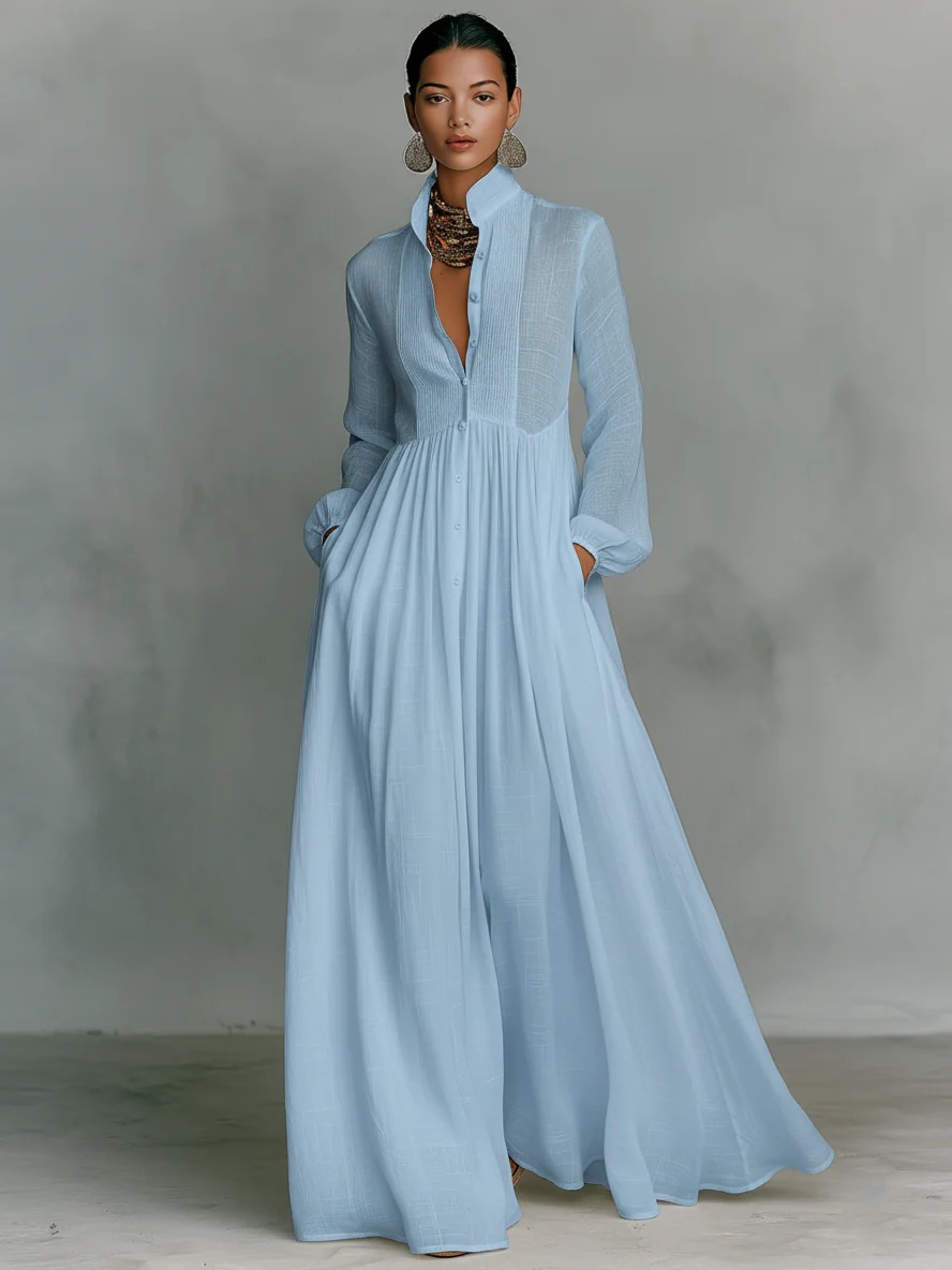 Women's Minimalist Cotton And Linen Patchwork Single-breasted Stand-up Collar Long-sleeved Maxi Dress