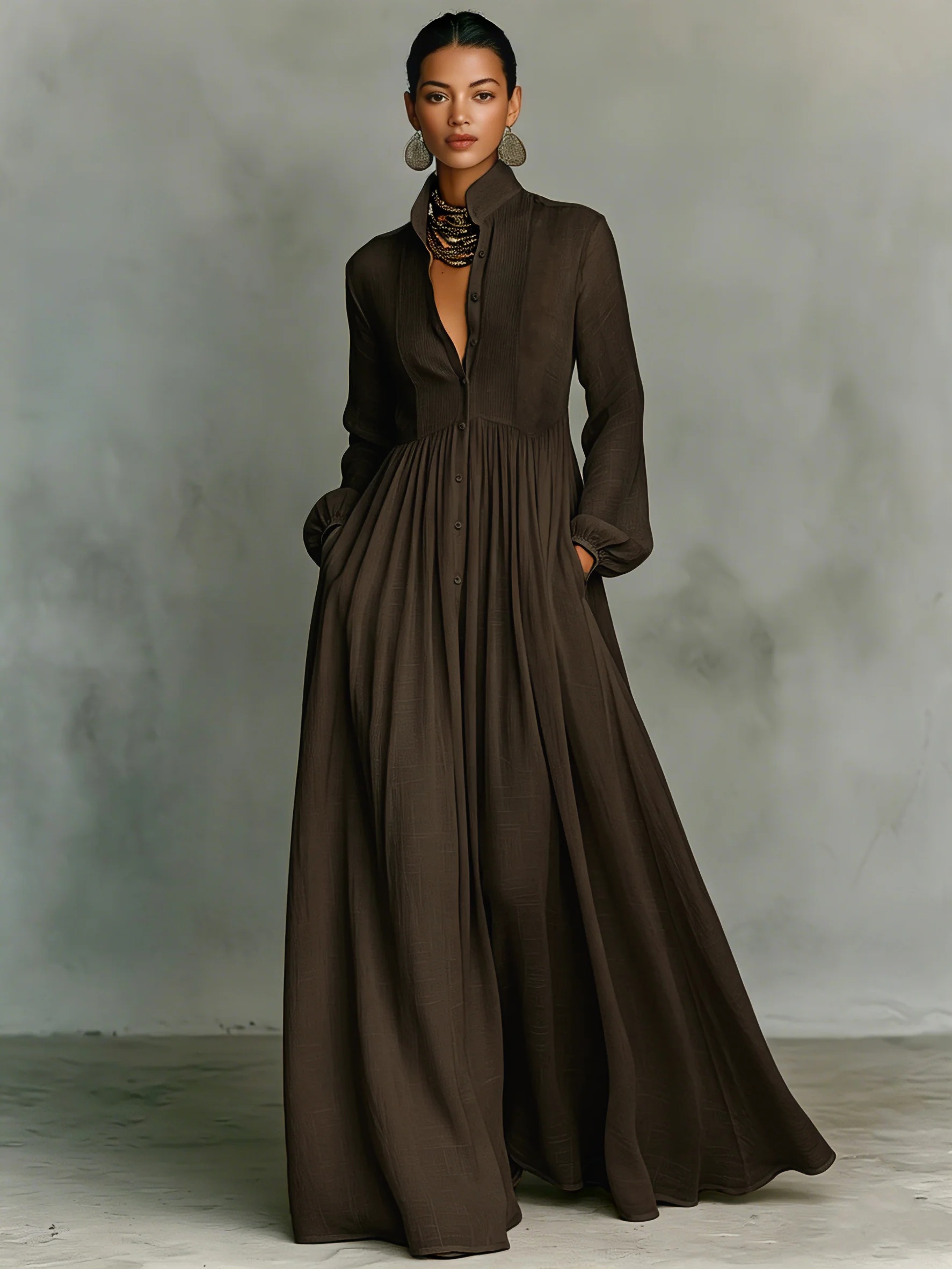 Women's Minimalist Cotton And Linen Patchwork Single-breasted Stand-up Collar Long-sleeved Maxi Dress