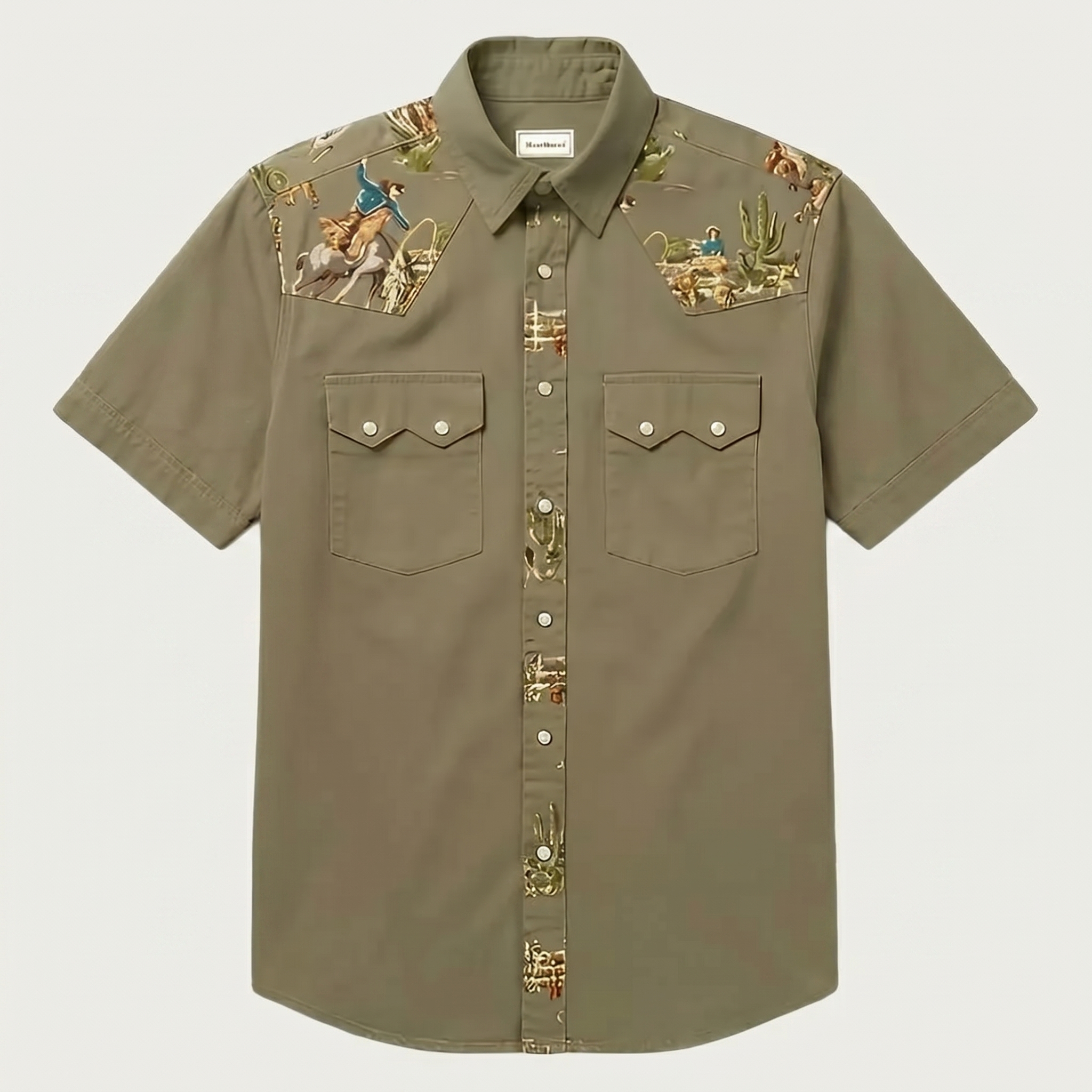 The Rodeo Rambler – Cowboy & Cactus Woven Yoke Western Shirt - Olive