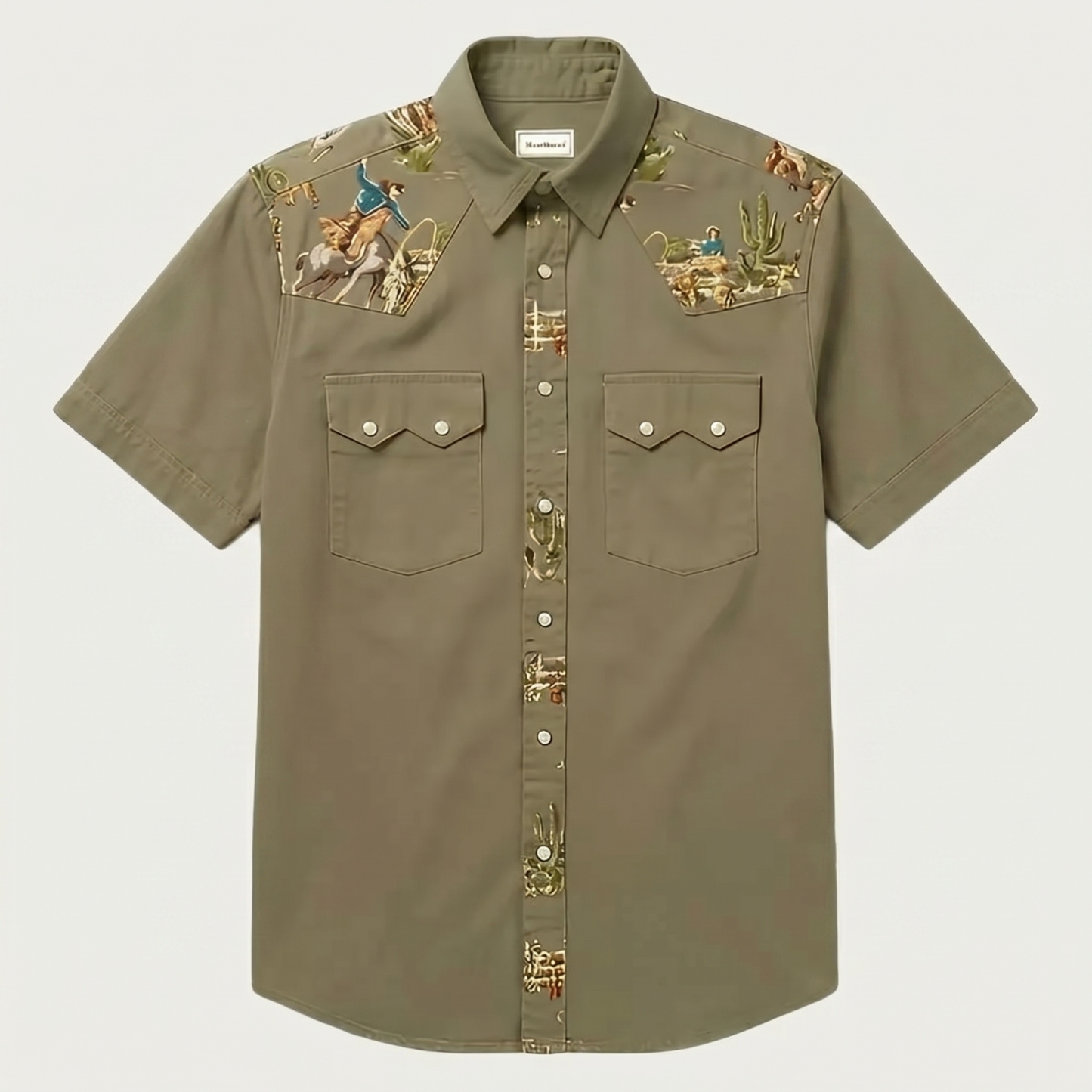 The Rodeo Rambler – Cowboy & Cactus Woven Yoke Western Shirt - Olive
