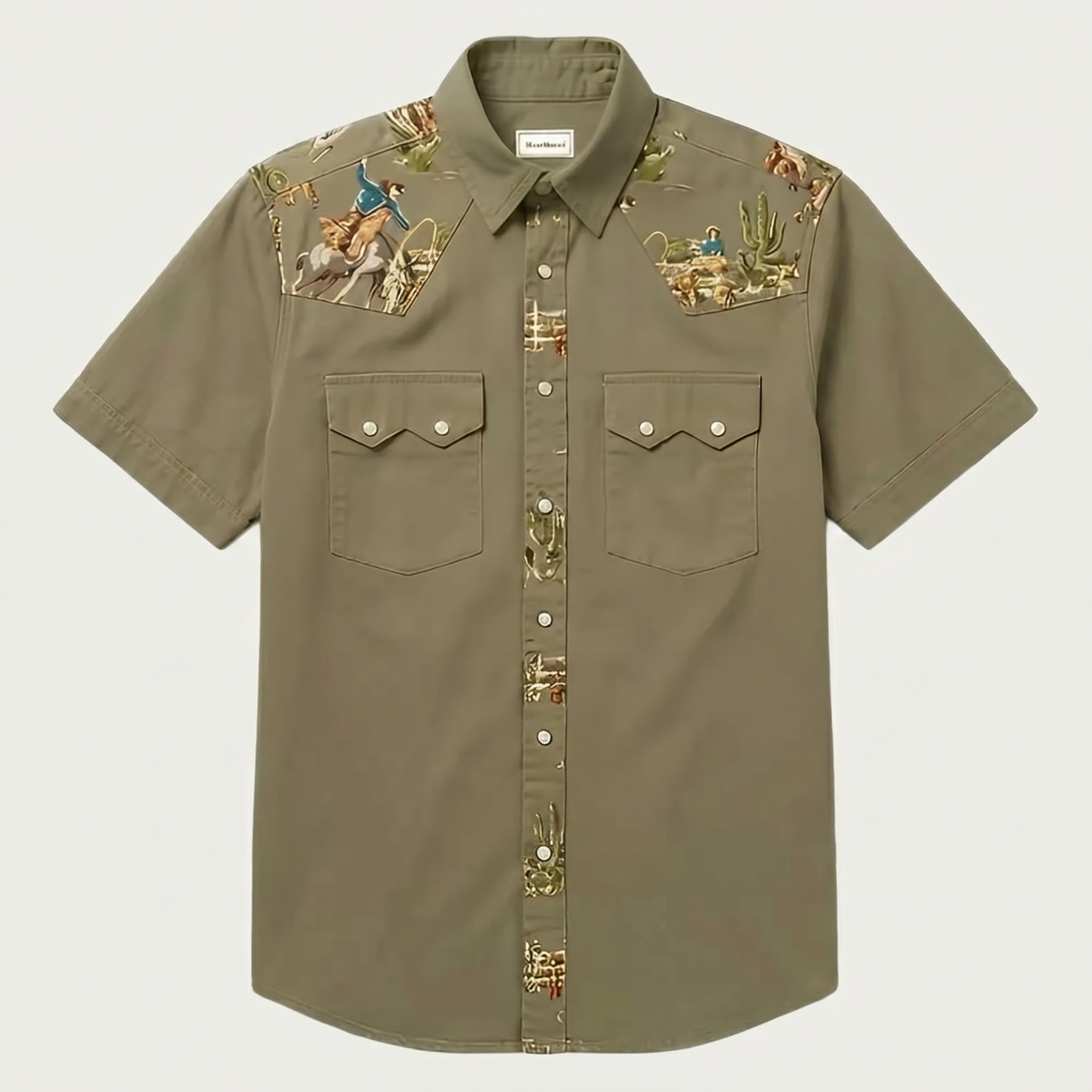 The Rodeo Rambler – Cowboy & Cactus Woven Yoke Western Shirt - Olive