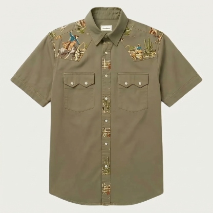 The Rodeo Rambler – Cowboy & Cactus Woven Yoke Western Shirt - Olive