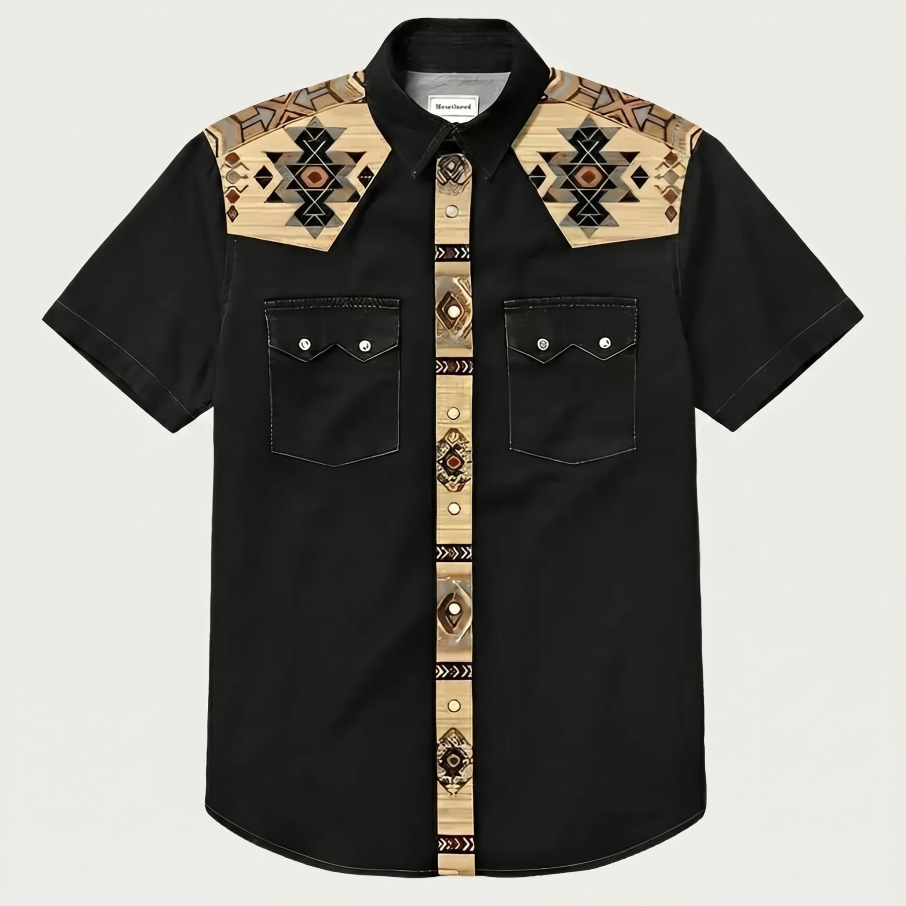The Canyon Peak–Southwestern Patterned Yoke Short Sleeve Western Shirt-Black