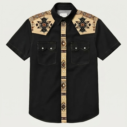 The Canyon Peak–Southwestern Patterned Yoke Short Sleeve Western Shirt-Black
