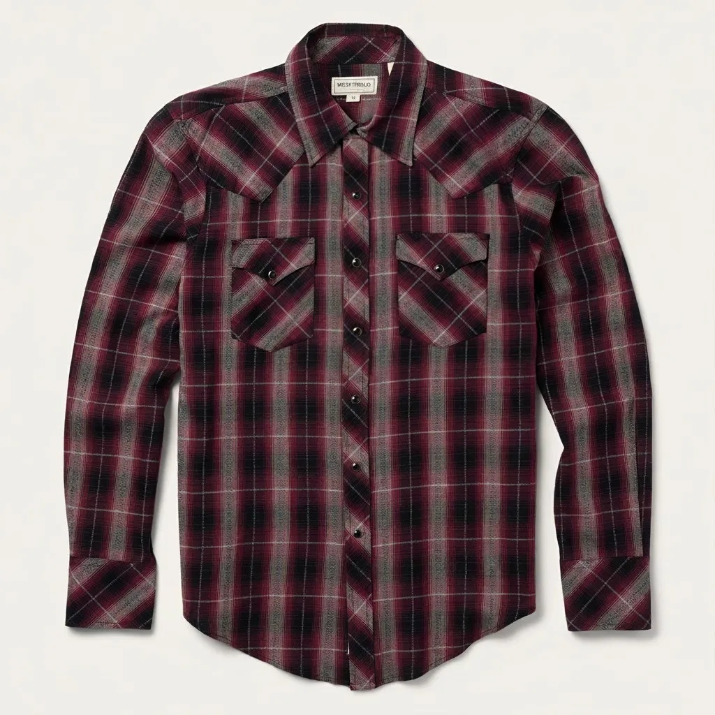 The Crimson Ember | Ombre Plaid Bias-Cut Western Shirt