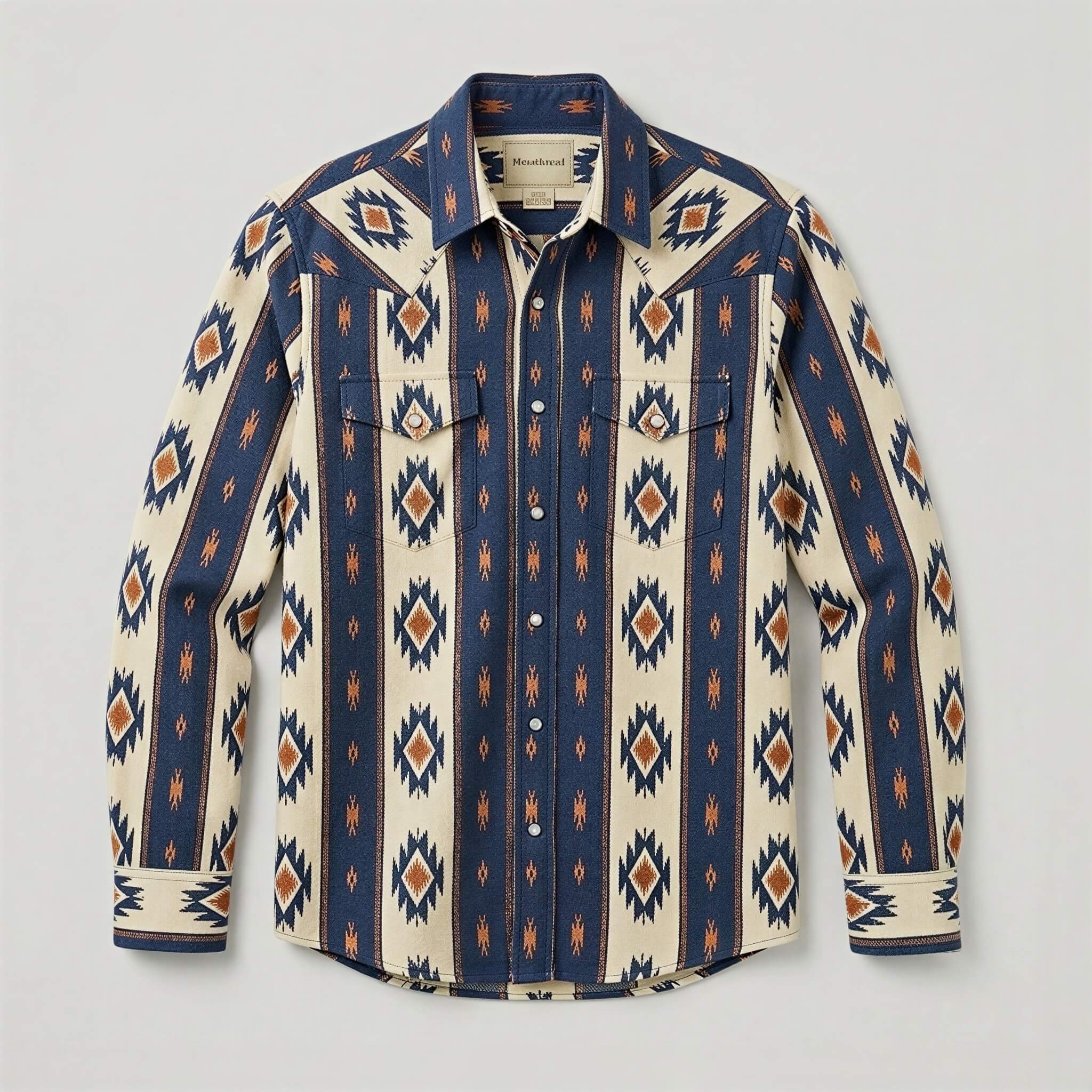 Mesathread Men's Vintage Navajo Geometric Pattern Indigo Blue Long-Sleeve Western Shirt with White Pearl Snaps