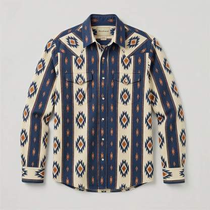 Mesathread Men's Vintage Navajo Geometric Pattern Indigo Blue Long-Sleeve Western Shirt with White Pearl Snaps