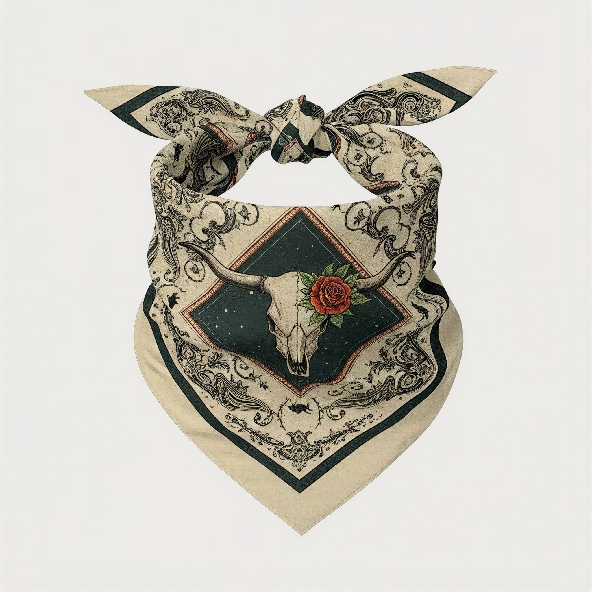 the-earthweave-tribe-mesathread-longhorn-bull-skull-rose-silk-square-bandana-scarf-tied-view