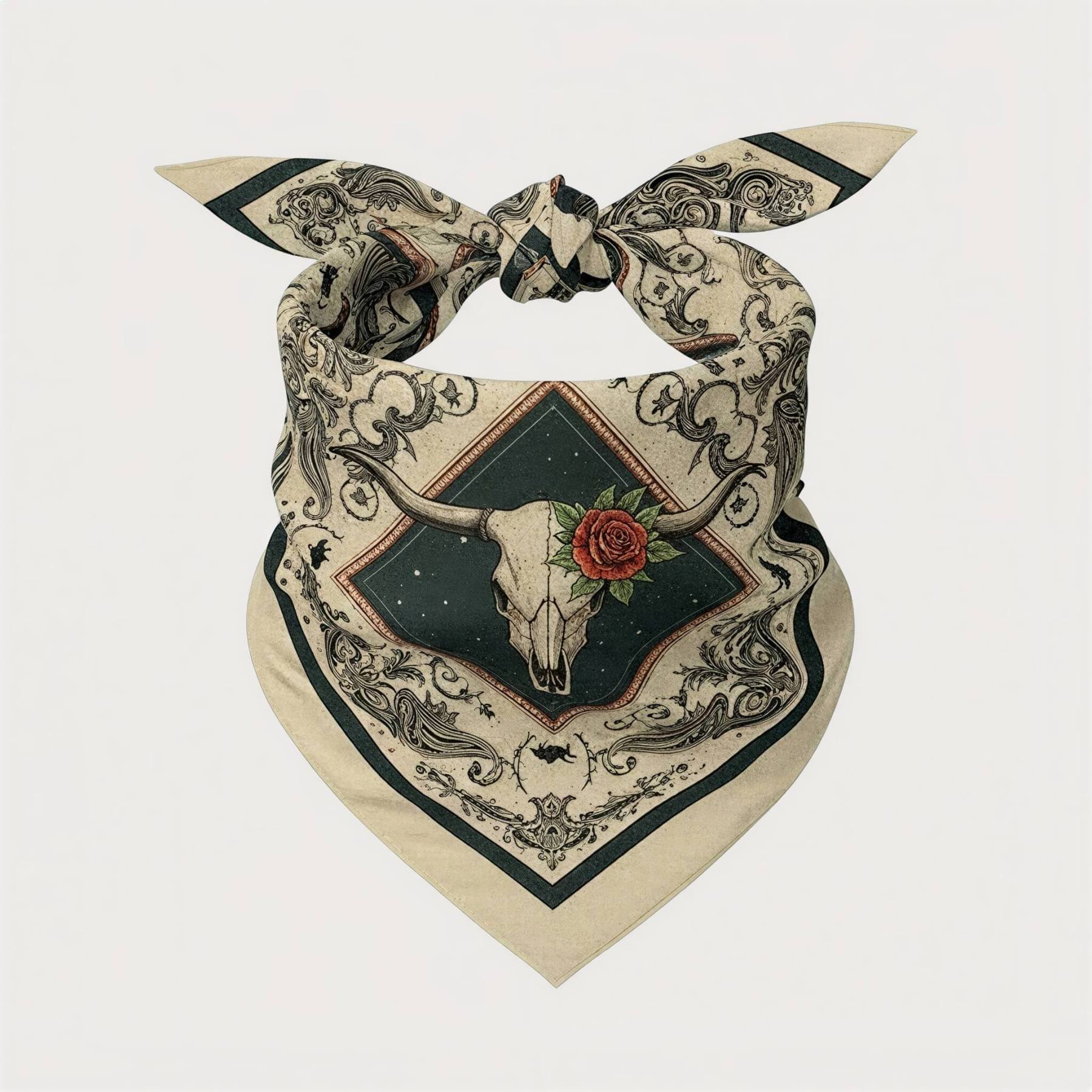 the-earthweave-tribe-mesathread-longhorn-bull-skull-rose-silk-square-bandana-scarf-tied-view