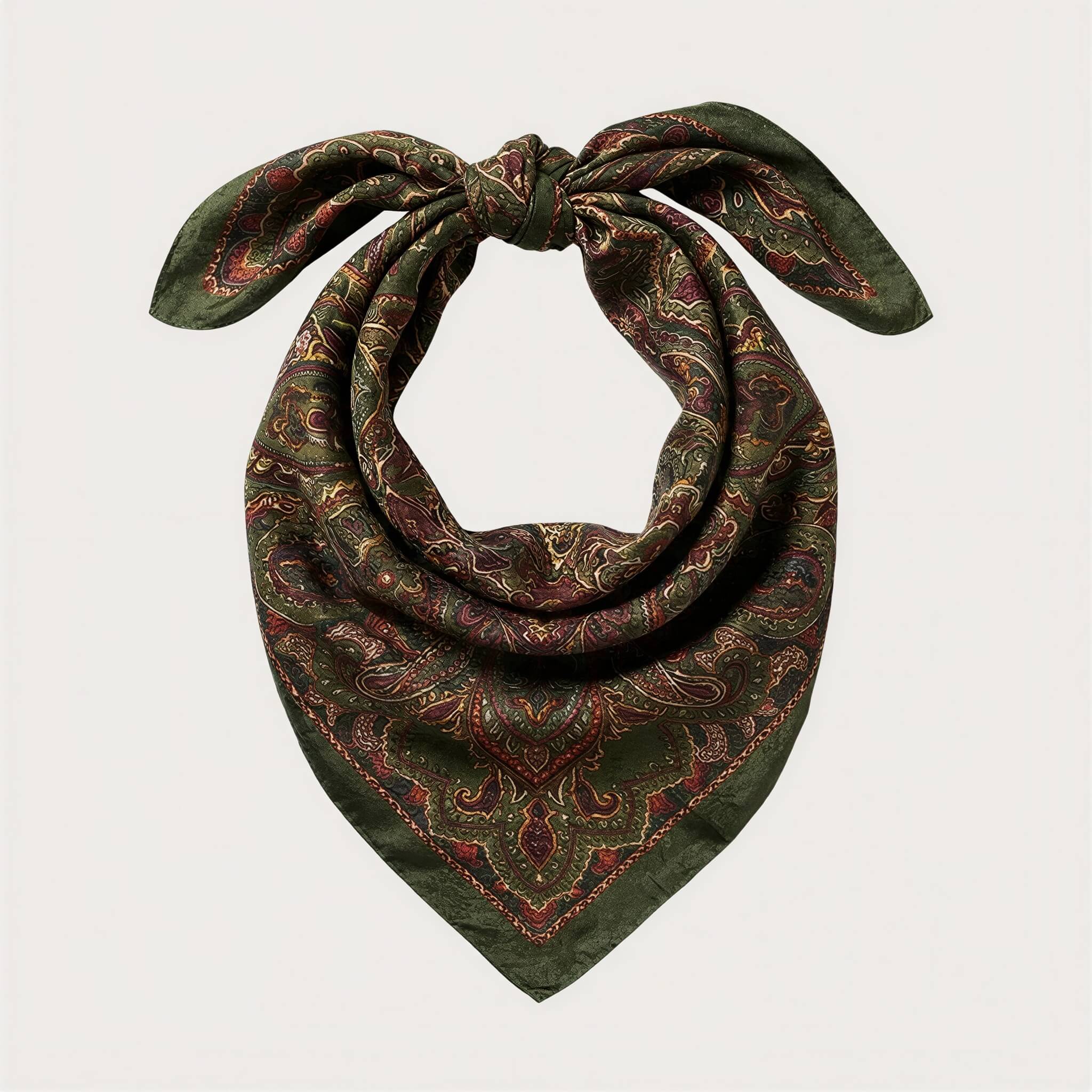 the-earthweave-tribe-mesathread-vintage-heritage-paisley-silk-square-bandana-scarf-forest-green-tied