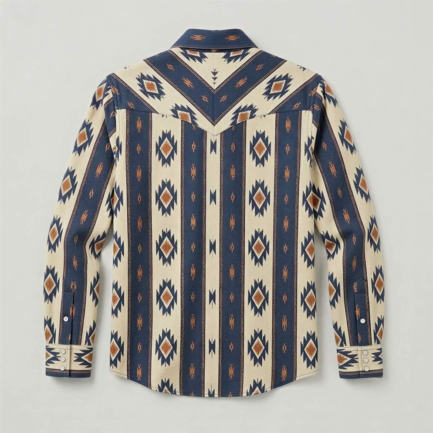 Mesathread Men's Vintage Navajo Geometric Pattern Indigo Blue Long-Sleeve Western Shirt with White Pearl Snaps