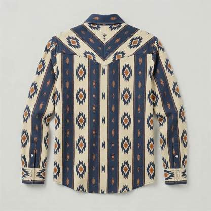 Mesathread Men's Vintage Navajo Geometric Pattern Indigo Blue Long-Sleeve Western Shirt with White Pearl Snaps