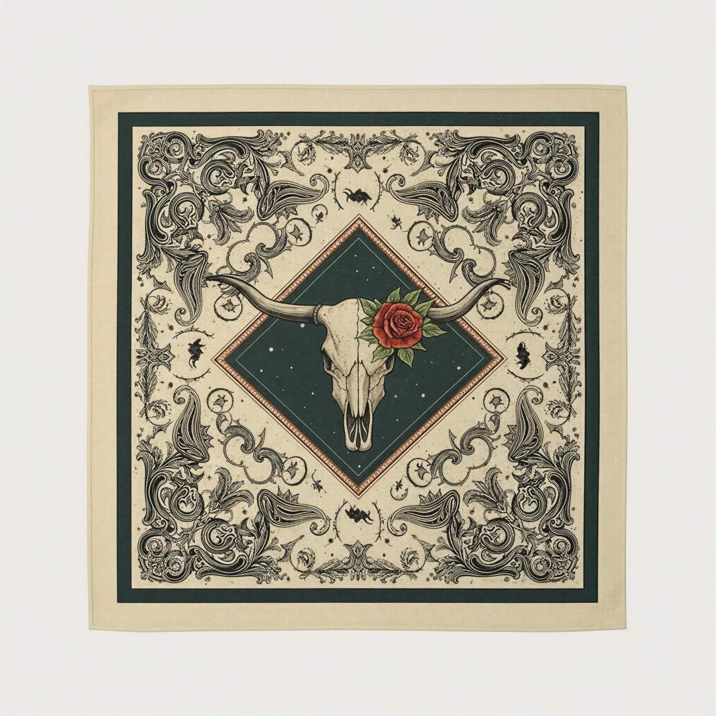 the-earthweave-tribe-mesathread-longhorn-bull-skull-rose-silk-square-bandana-scarf-flat-lay