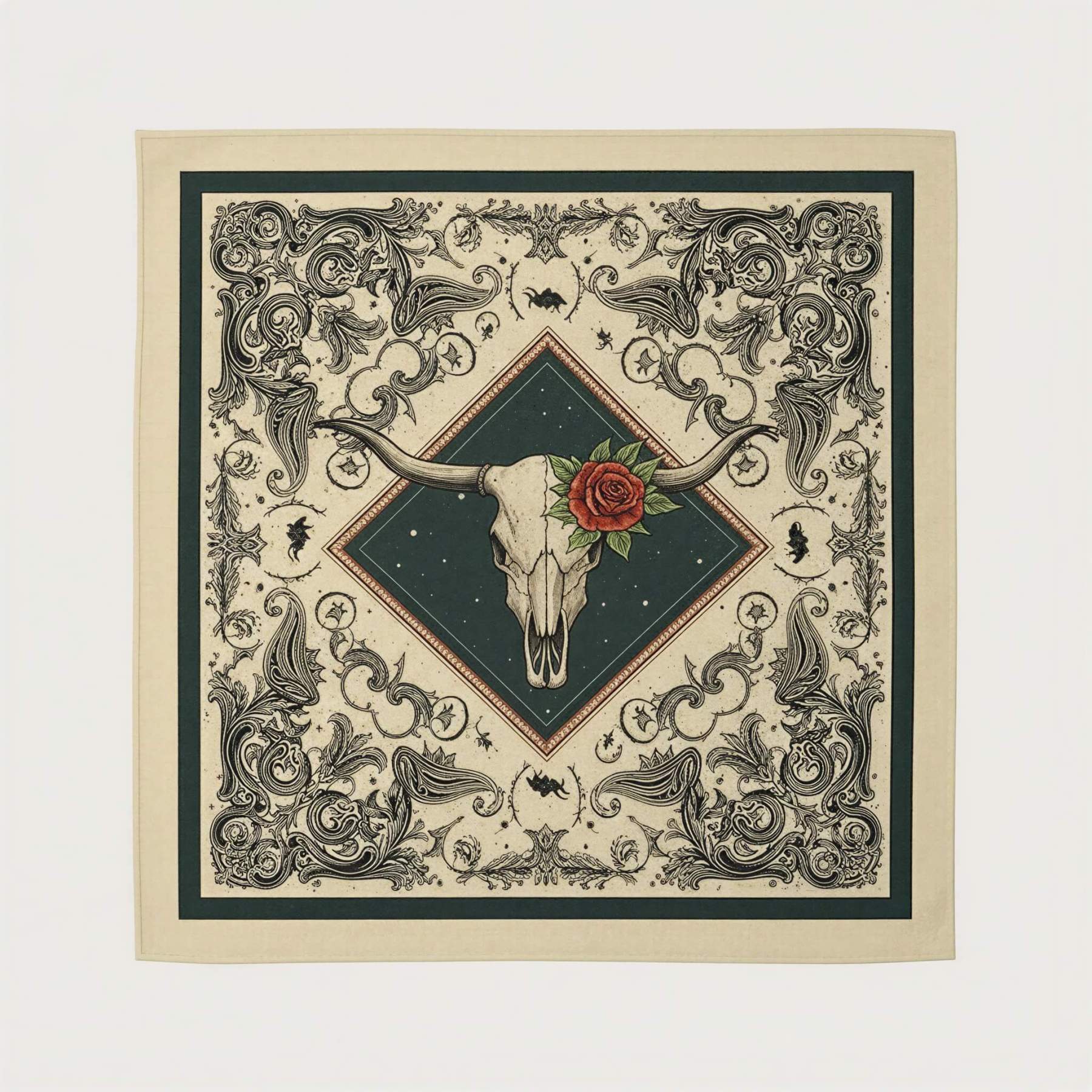 the-earthweave-tribe-mesathread-longhorn-bull-skull-rose-silk-square-bandana-scarf-flat-lay
