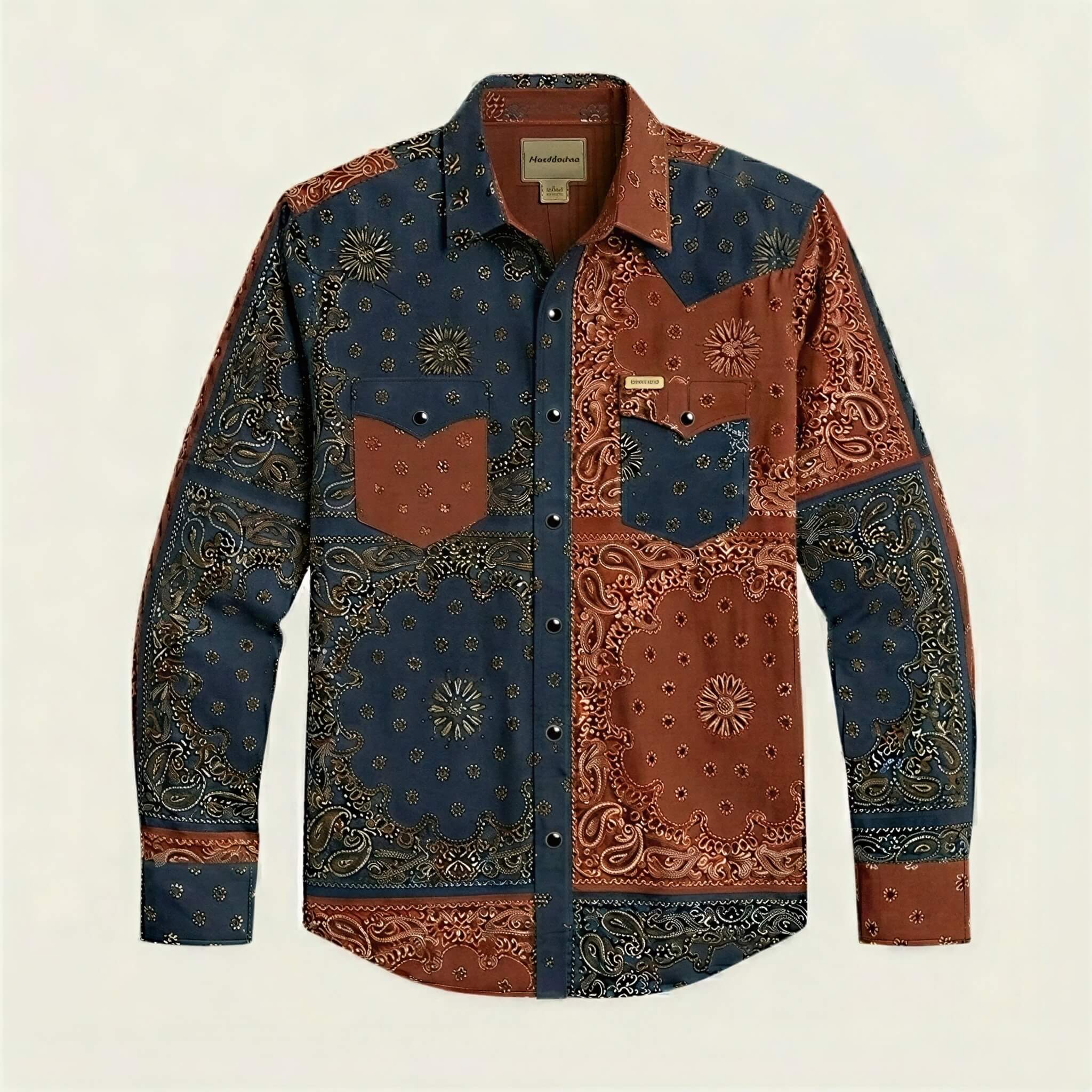 the-frontier-shift-mens-navy-rust-bandana-patchwork-western-shirt-front-view