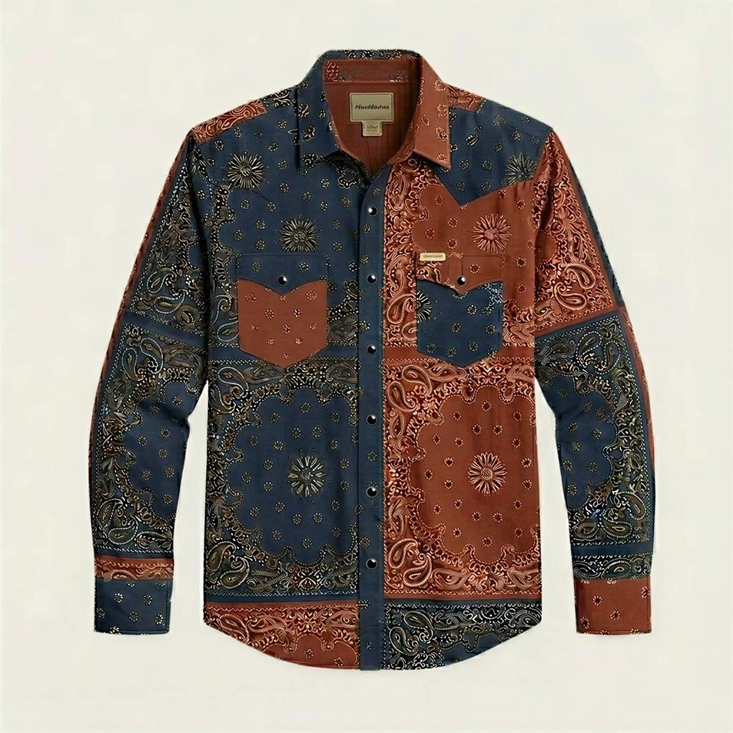 the-frontier-shift-mens-navy-rust-bandana-patchwork-western-shirt-front-view