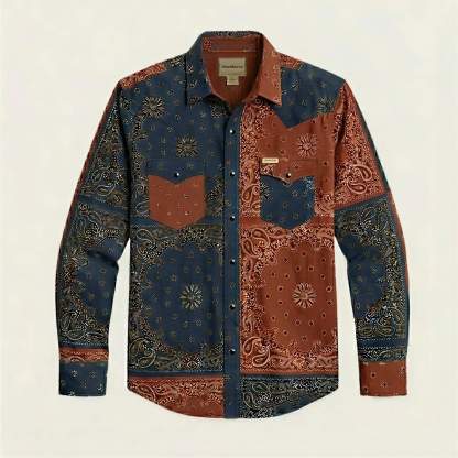 the-frontier-shift-mens-navy-rust-bandana-patchwork-western-shirt-front-view