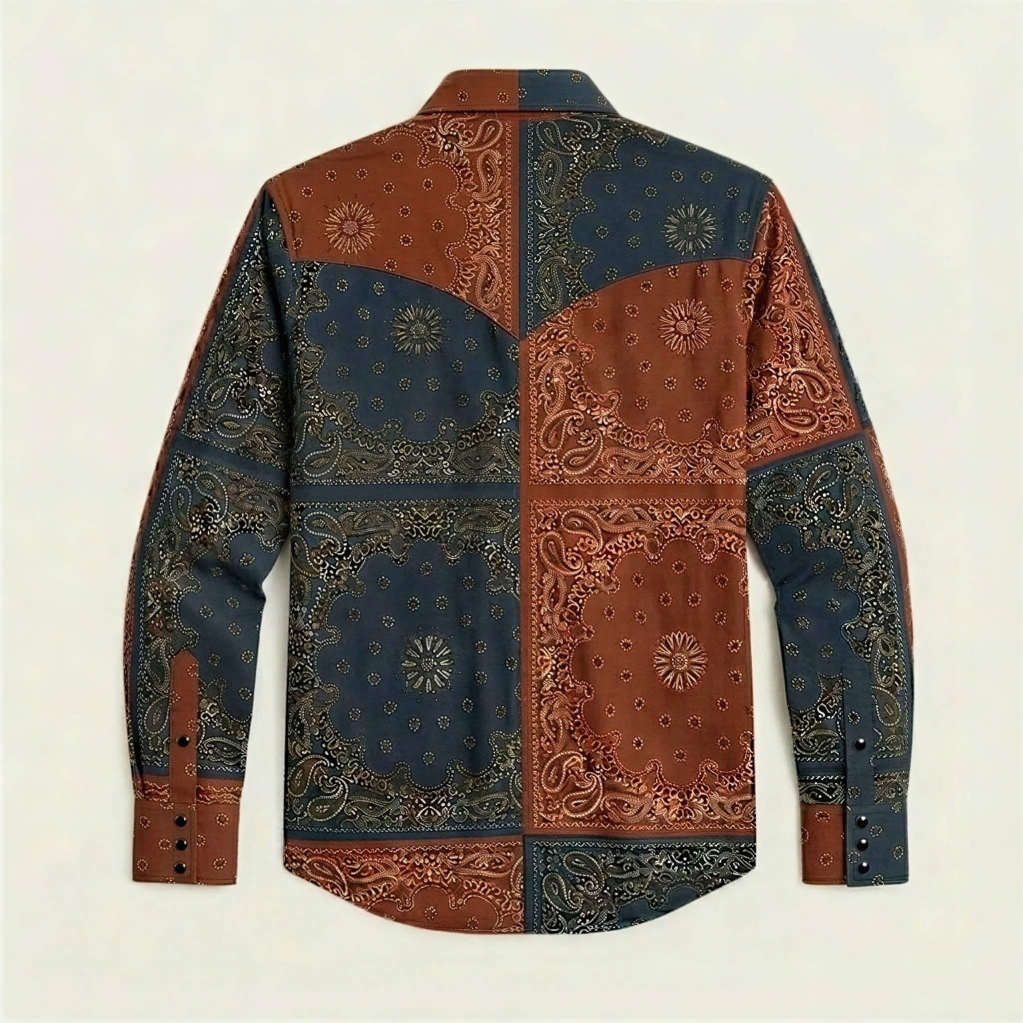 the-frontier-shift-mens-navy-rust-bandana-patchwork-western-shirt-back-view