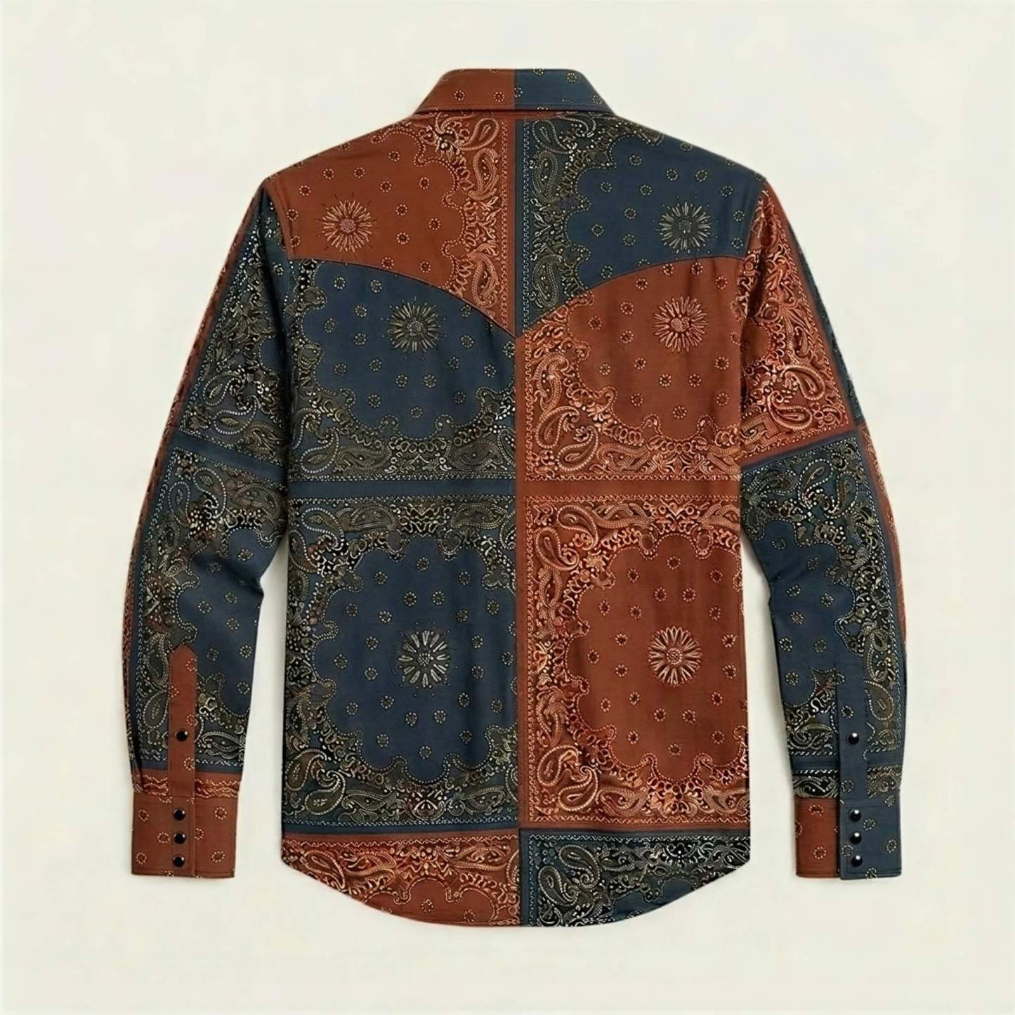 the-frontier-shift-mens-navy-rust-bandana-patchwork-western-shirt-back-view