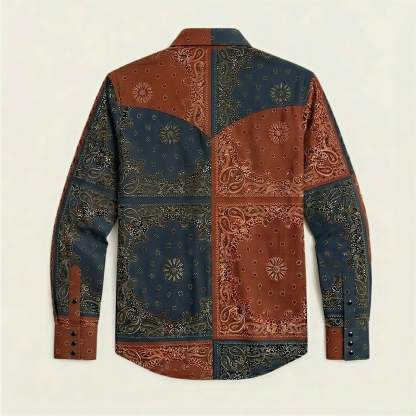 the-frontier-shift-mens-navy-rust-bandana-patchwork-western-shirt-back-view
