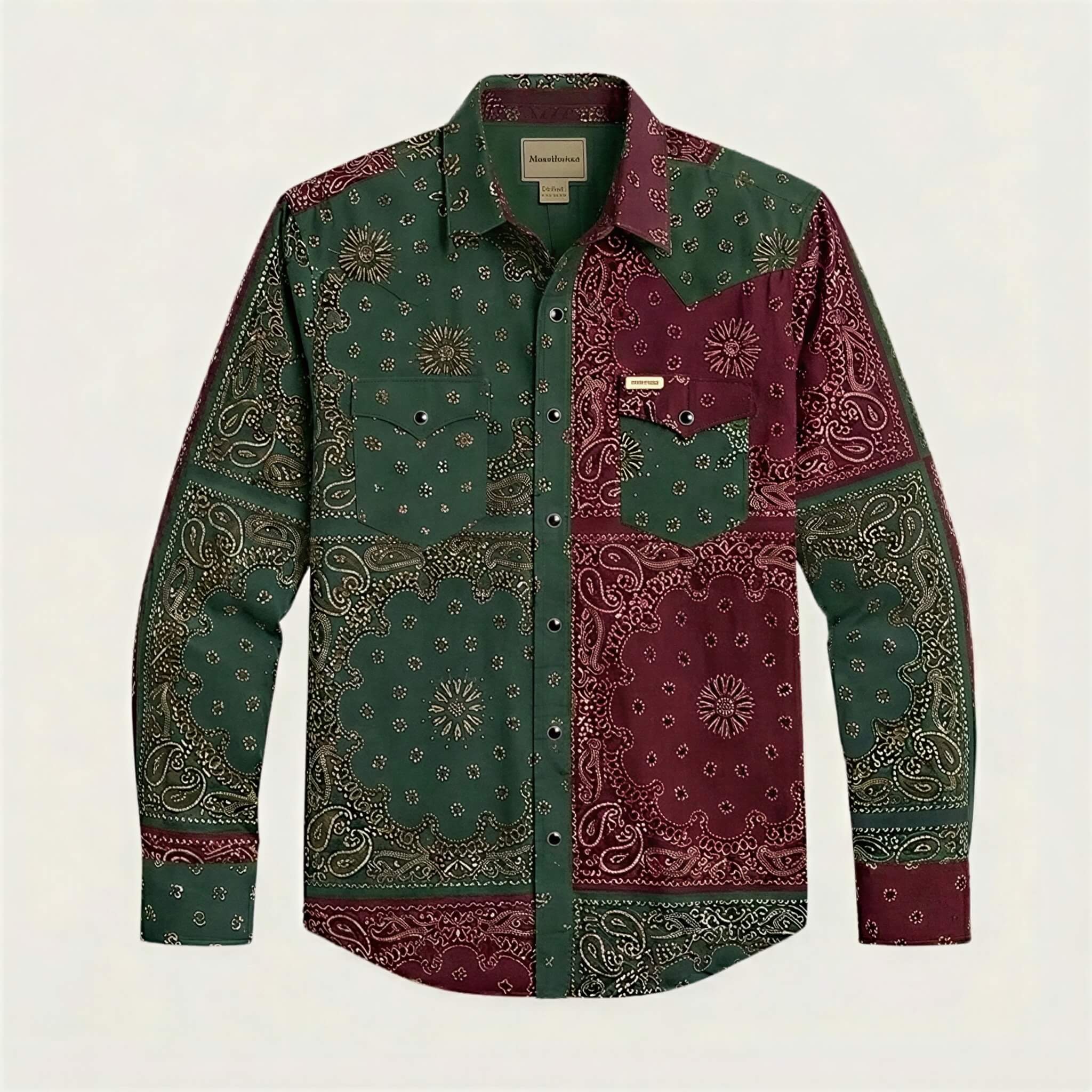 the-frontier-shift-mens-pine-green-burgundy-bandana-patchwork-western-shirt-front-view