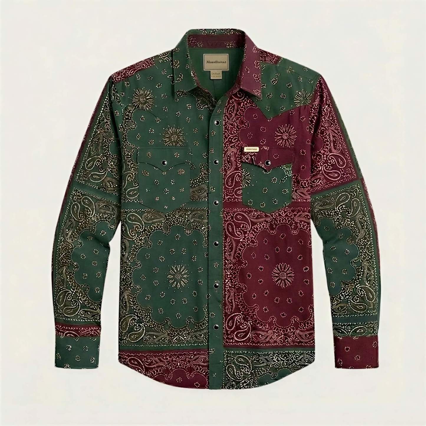 the-frontier-shift-mens-pine-green-burgundy-bandana-patchwork-western-shirt-front-view