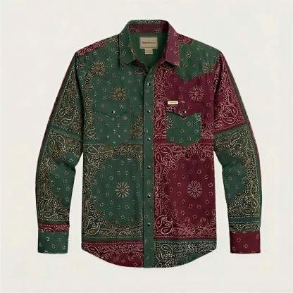the-frontier-shift-mens-pine-green-burgundy-bandana-patchwork-western-shirt-front-view