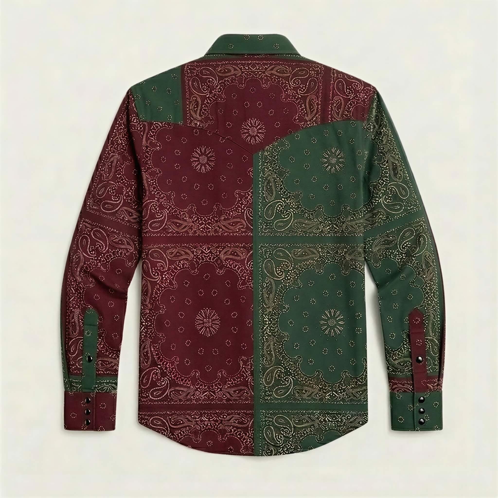 the-frontier-shift-mens-pine-green-burgundy-bandana-patchwork-western-shirt-back-view