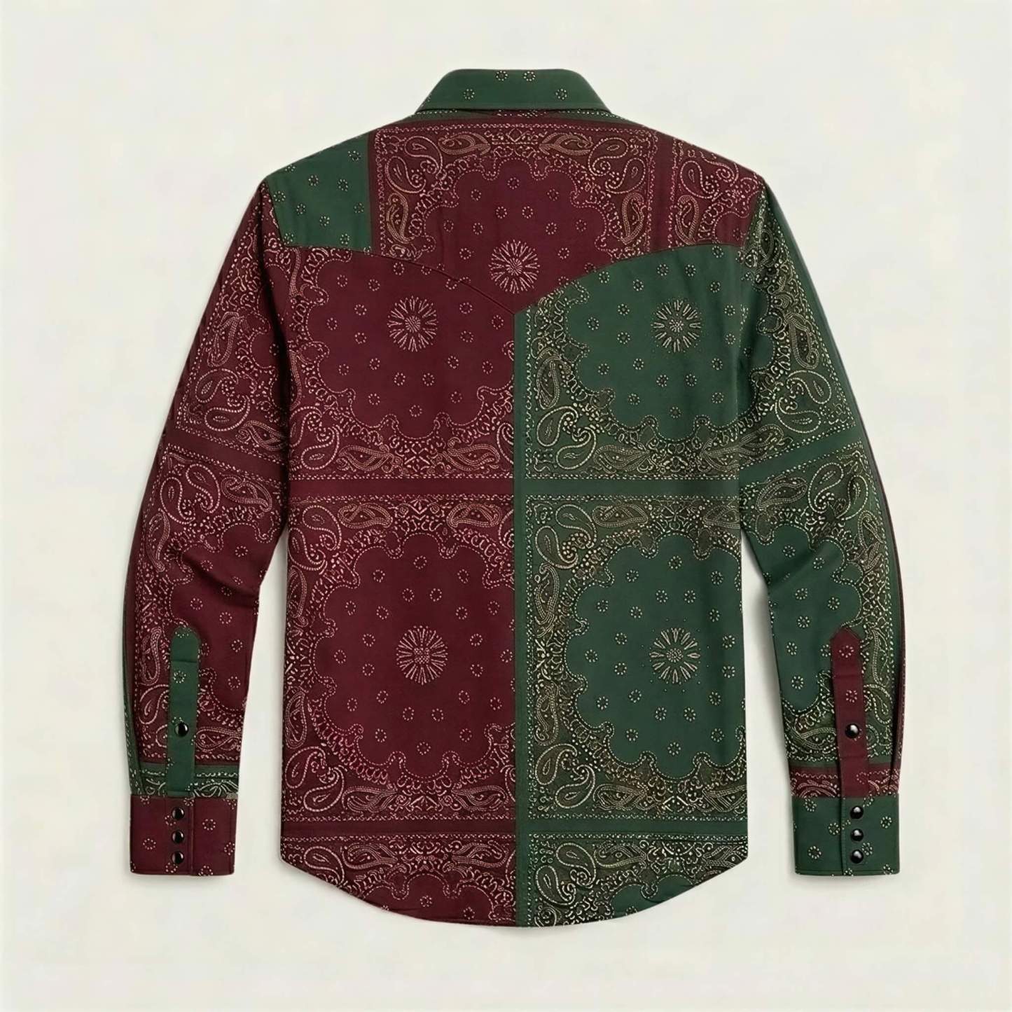 the-frontier-shift-mens-pine-green-burgundy-bandana-patchwork-western-shirt-back-view