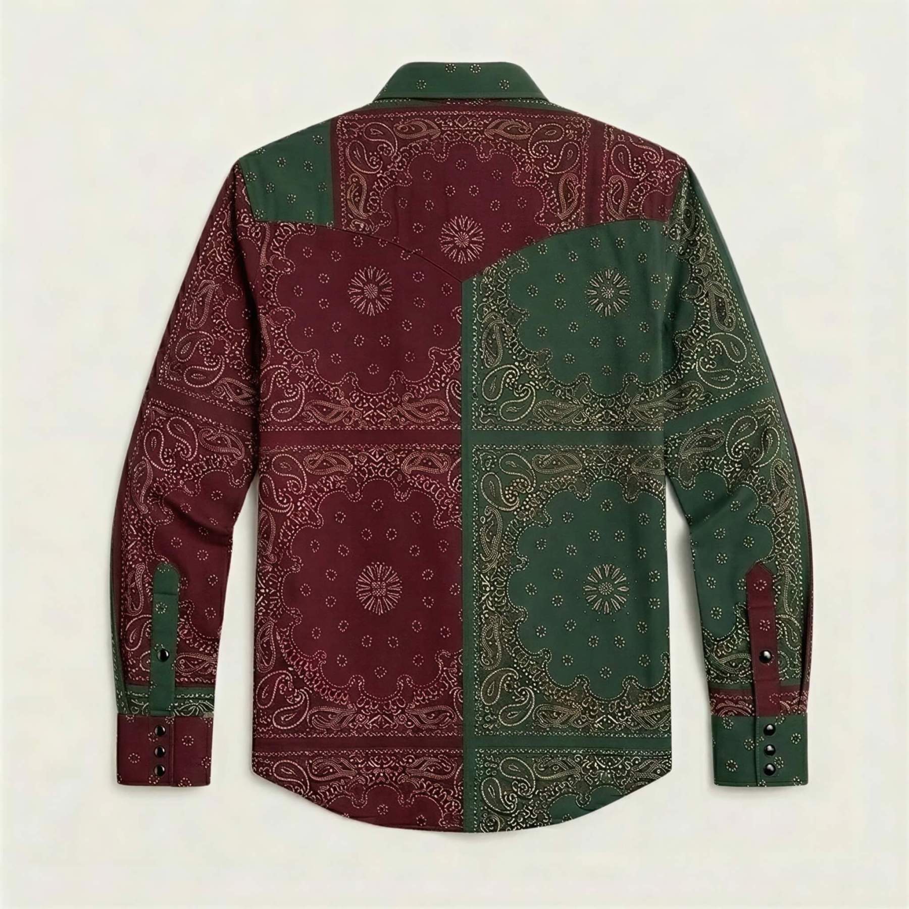 the-frontier-shift-mens-pine-green-burgundy-bandana-patchwork-western-shirt-back-view