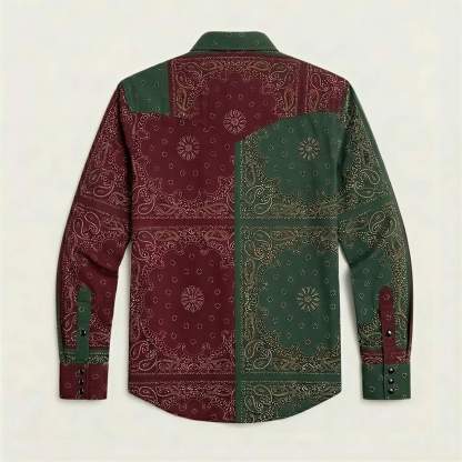 the-frontier-shift-mens-pine-green-burgundy-bandana-patchwork-western-shirt-back-view