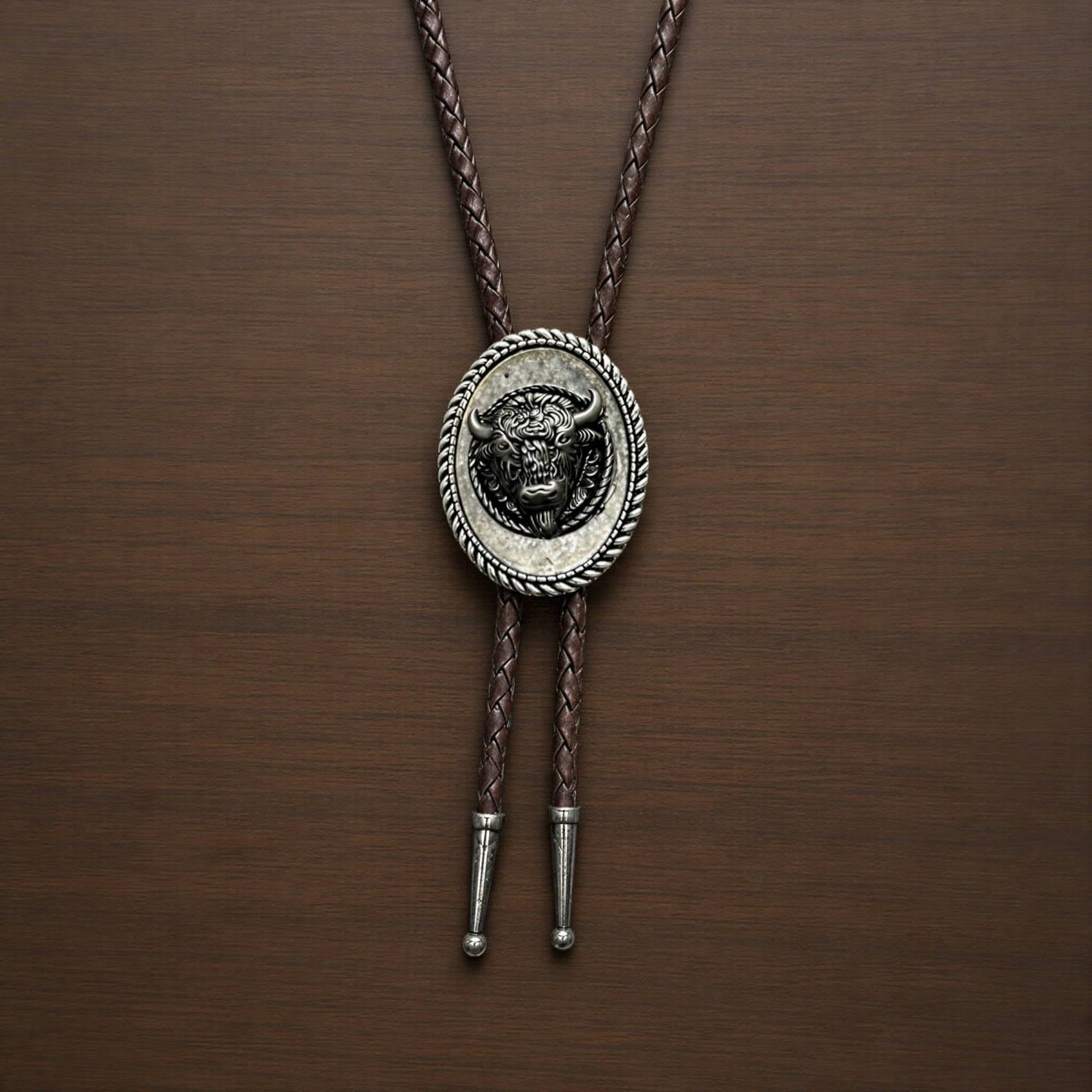 mesathread-antique-silver-bison-head-oval-western-bolo-tie-dark-brown-braided-cord-front-view