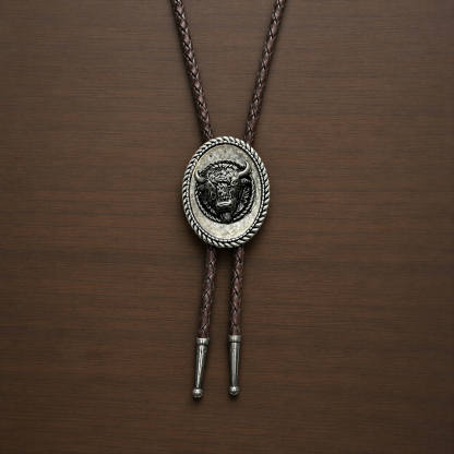 mesathread-antique-silver-bison-head-oval-western-bolo-tie-dark-brown-braided-cord-front-view