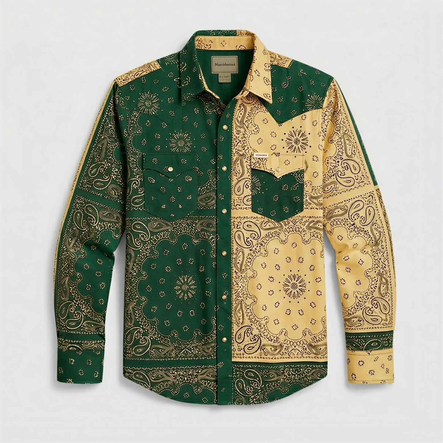 the-frontier-shift-mens-pine-green-yellow-bandana-patchwork-western-shirt-front-view