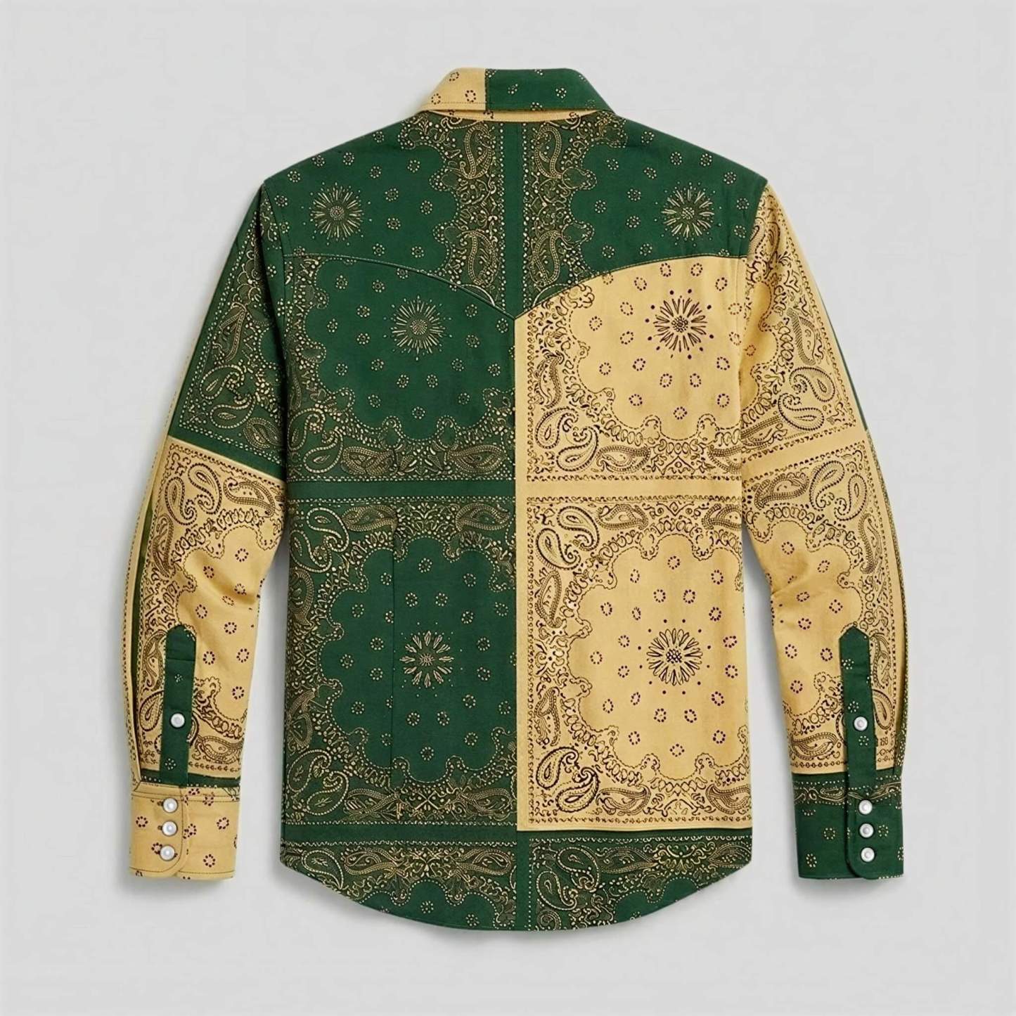 the-frontier-shift-mens-pine-green-yellow-bandana-patchwork-western-shirt-back-view