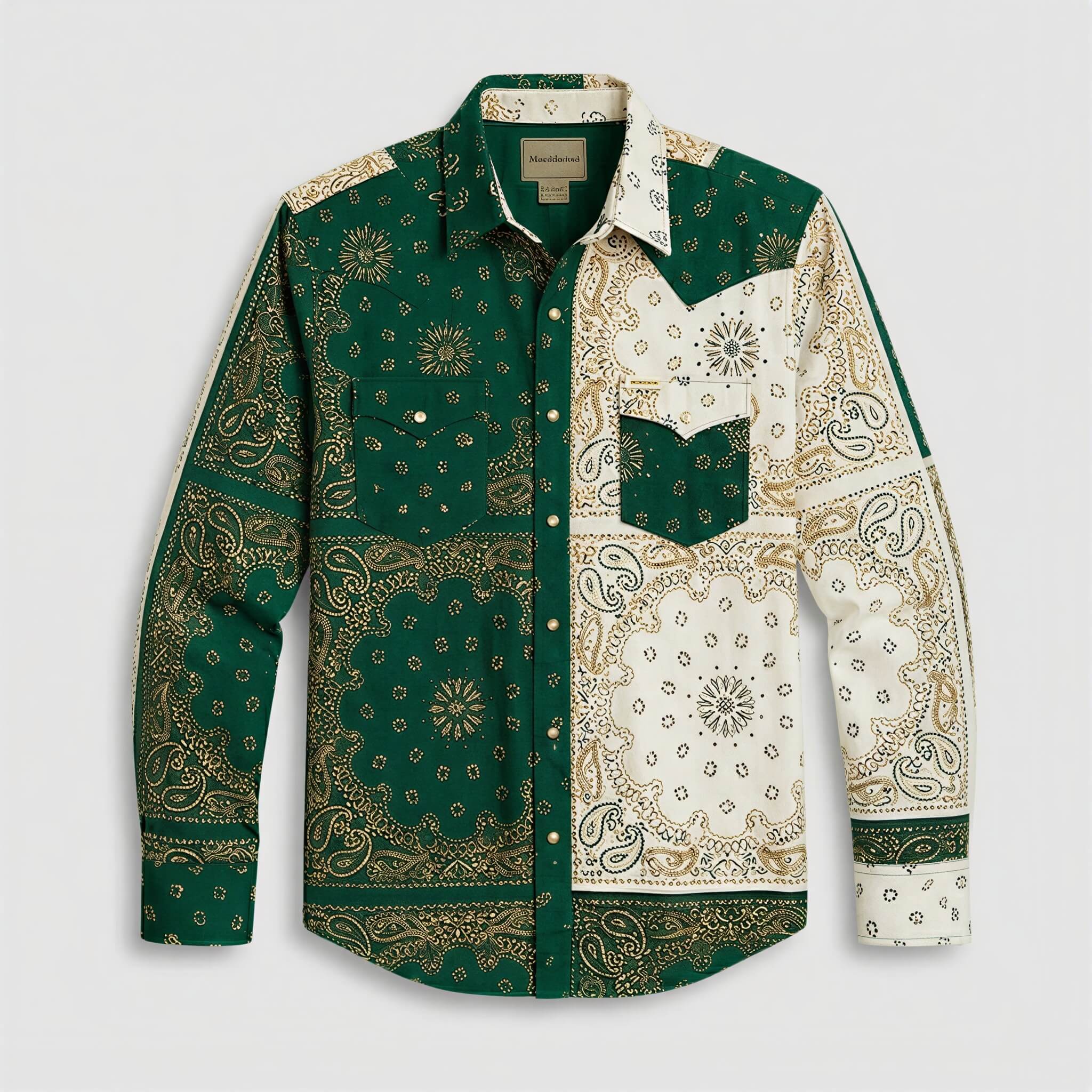 the-frontier-shift-mens-pine-green-cream-bandana-patchwork-western-shirt-front-view