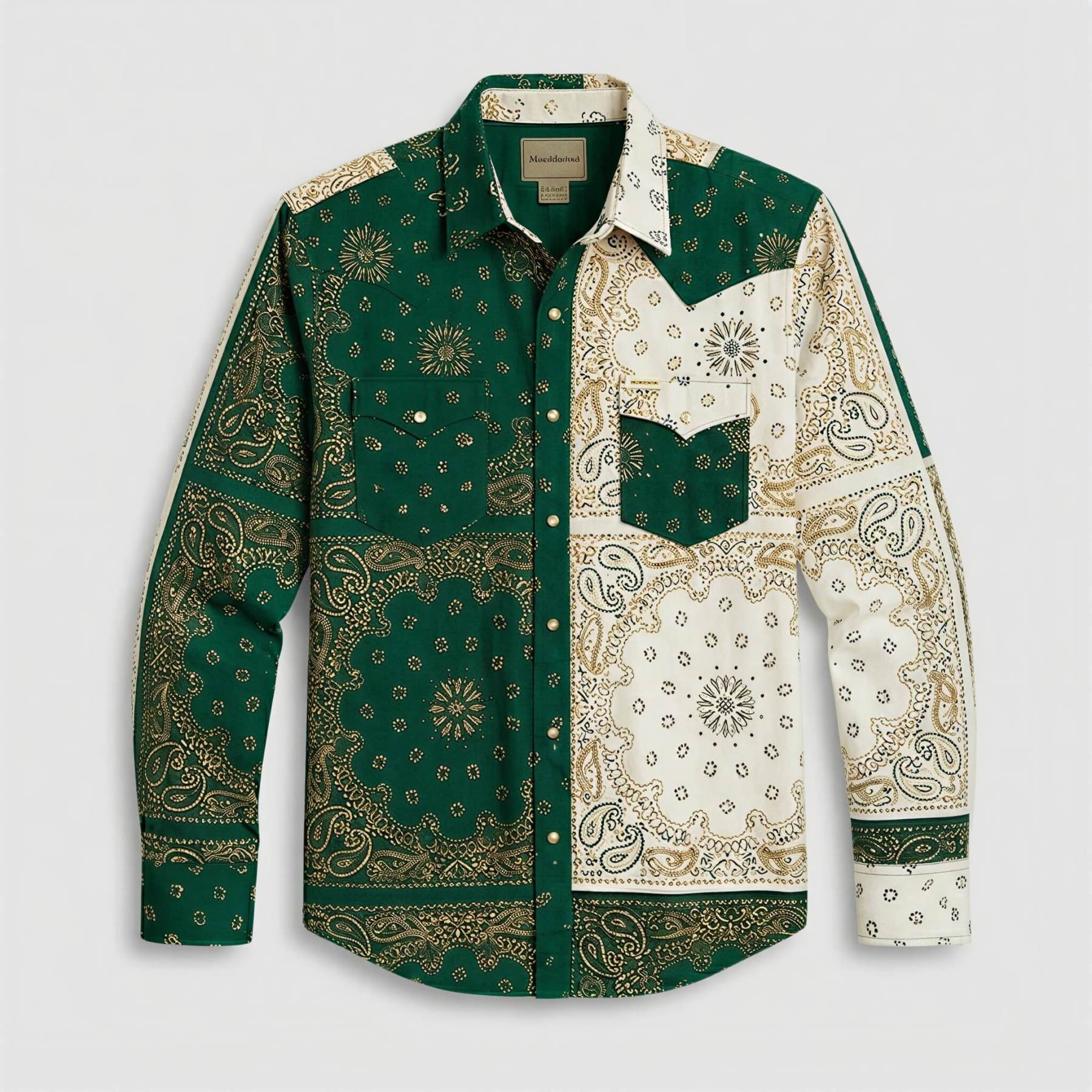the-frontier-shift-mens-pine-green-cream-bandana-patchwork-western-shirt-front-view