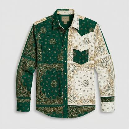 the-frontier-shift-mens-pine-green-cream-bandana-patchwork-western-shirt-front-view