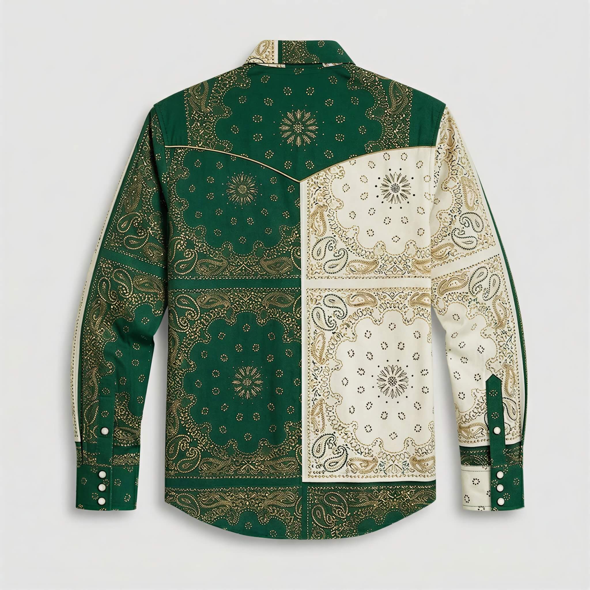 the-frontier-shift-mens-pine-green-cream-bandana-patchwork-western-shirt-back-view
