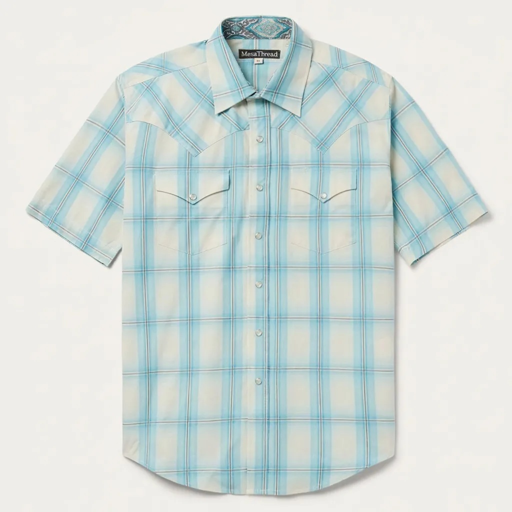 Ombre Plaid Short Sleeve Western Shirt