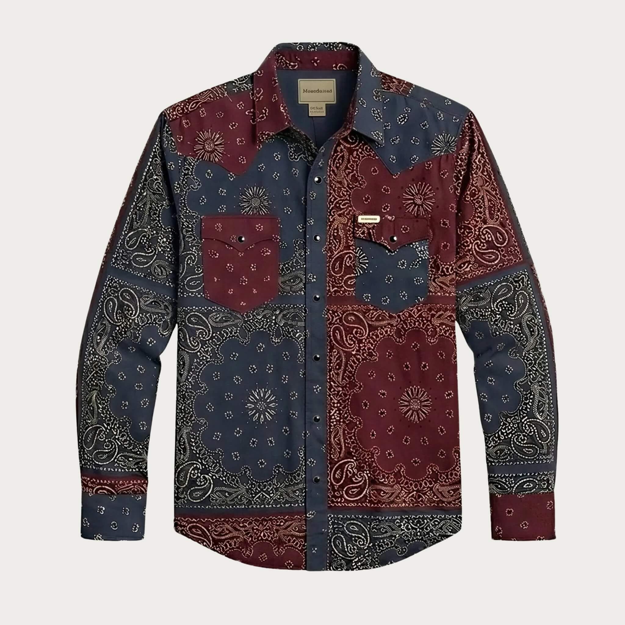 The Frontier Shift | Men's Navy & Burgundy Bandana Patchwork Western Shirt with Black Pearl Snaps