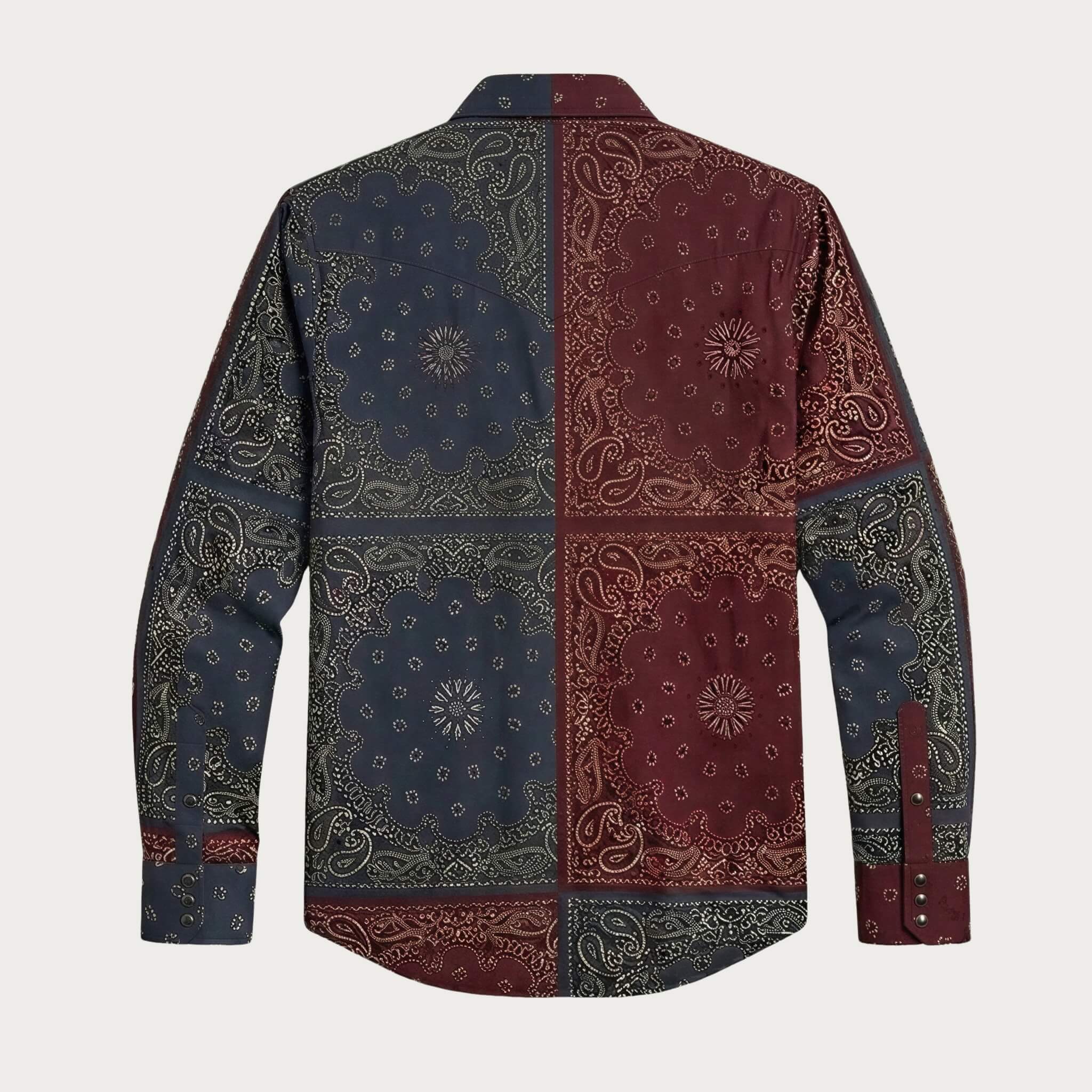 The Frontier Shift | Men's Navy & Burgundy Bandana Patchwork Western Shirt with Black Pearl Snaps