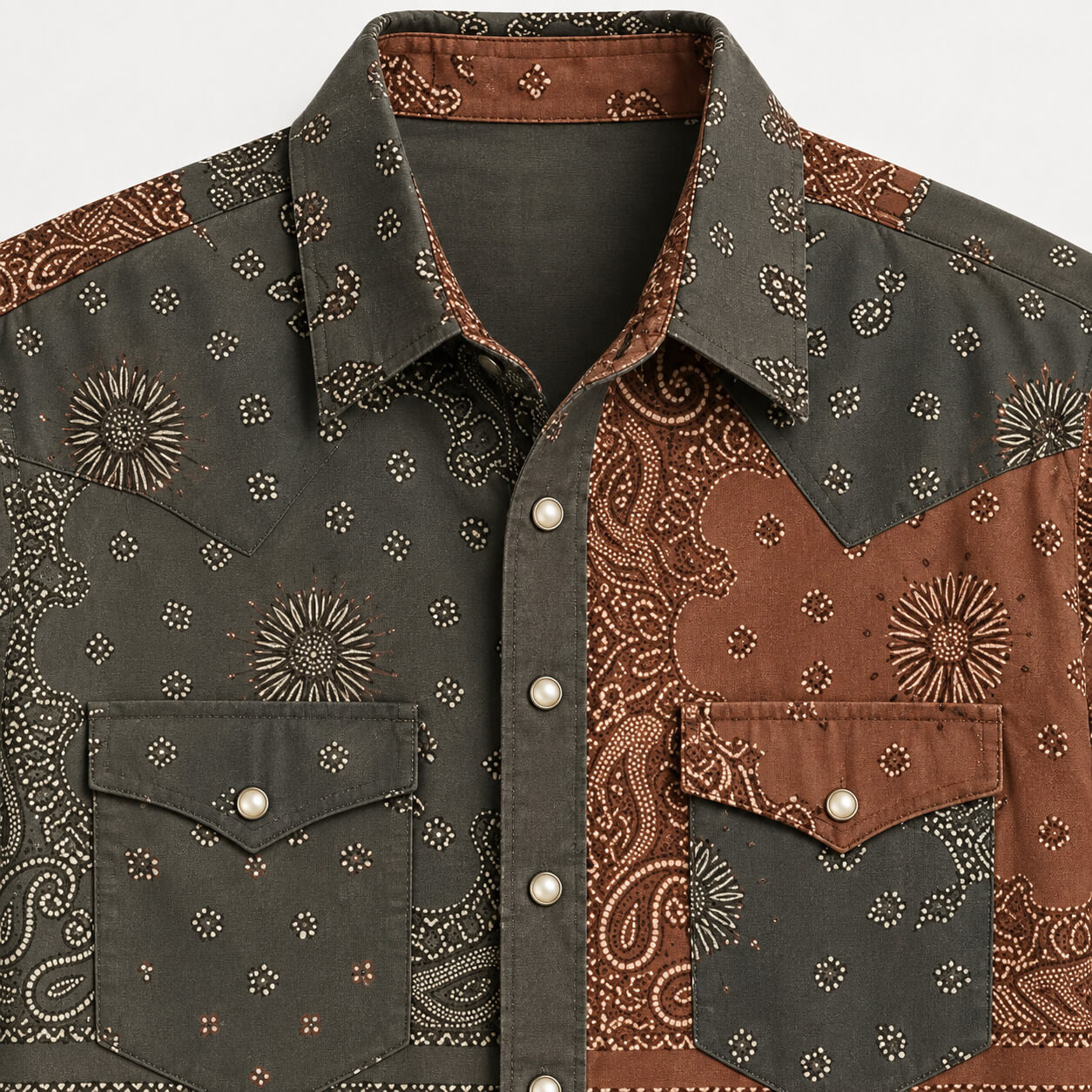 The Dust Bowl Patchwork Western Short-Sleeve Shirt — Iron Rust & Charcoal Bandana