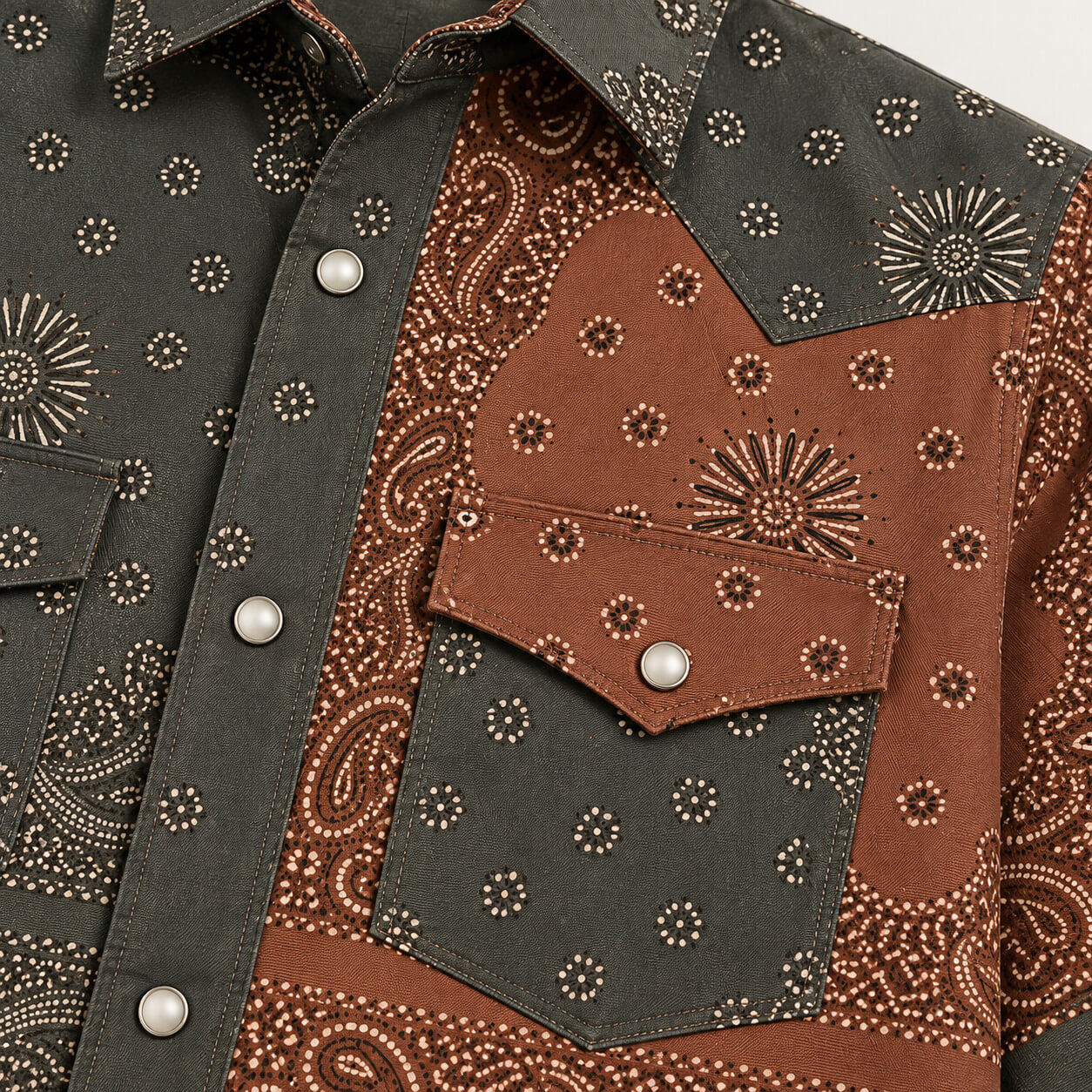 The Dust Bowl Patchwork Western Short-Sleeve Shirt — Iron Rust & Charcoal Bandana